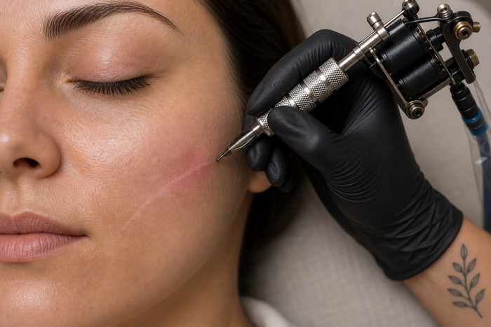 Dermopigmentation pour atténuer une cicatrice du visage